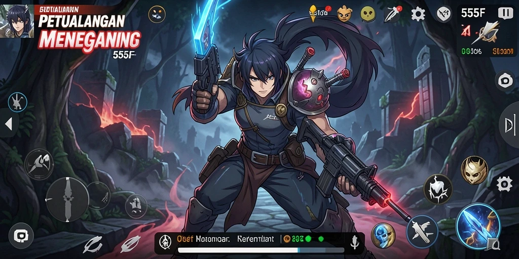 Tampilan gameplay seru 555F dengan karakter anime dinamis.
