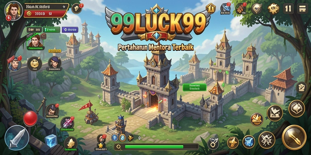 Screenshot permainan 99LUCK99 menampilkan aksi menara dalam mempertahankan basis.