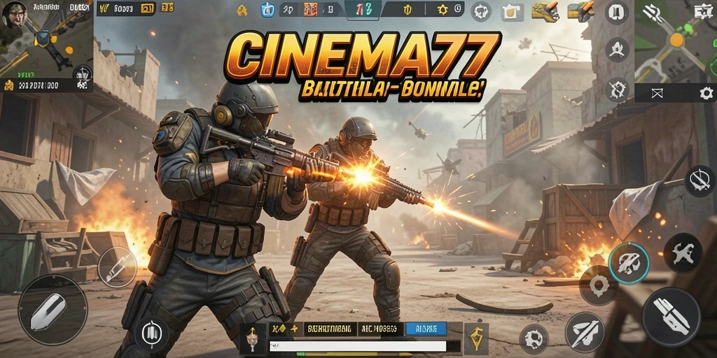 Tampilan aksi intens dari gameplay Battle Royale CINEMA77.