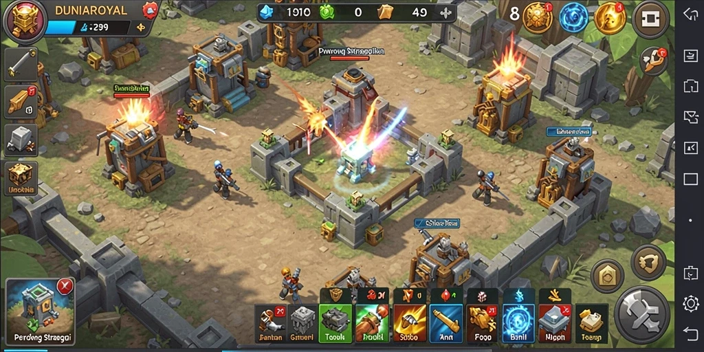 Tangkapan layar DUNIAROYAL menampilkan seru dan strategi gameplay Tower Defense.