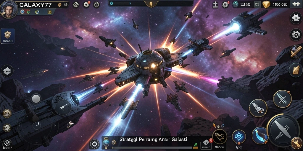 Tangkapan layar menampilkan aksi pertempuran dalam <strong>GALAXY77</strong>.