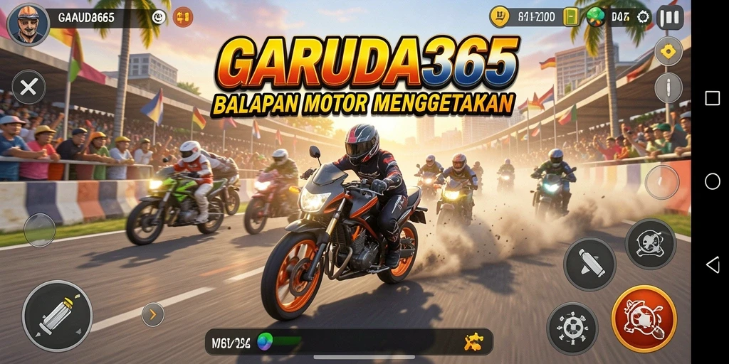 Screenshot GARUDA365 menampilkan aksi balapan motor yang menegangkan dan penuh adrenalin.