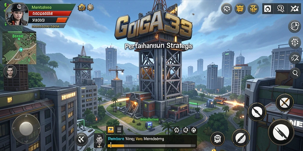 Tampilan gameplay GIGA33 yang menegangkan dengan menara dan musuh.