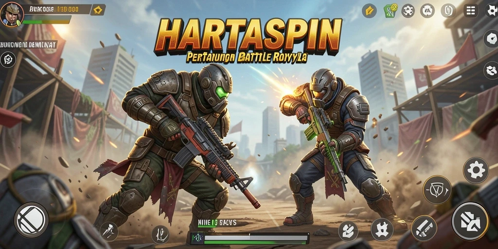Gameplay HARTASPIN menampilkan aksi pertarungan yang mendebarkan di medan perang.