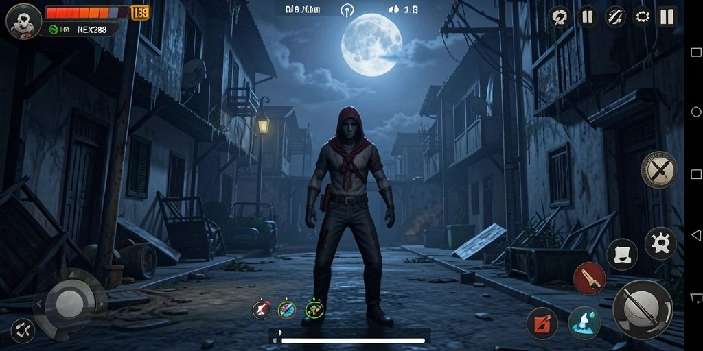Tampilkan gameplay menegangkan NEX288 dengan suasana kegelapan.