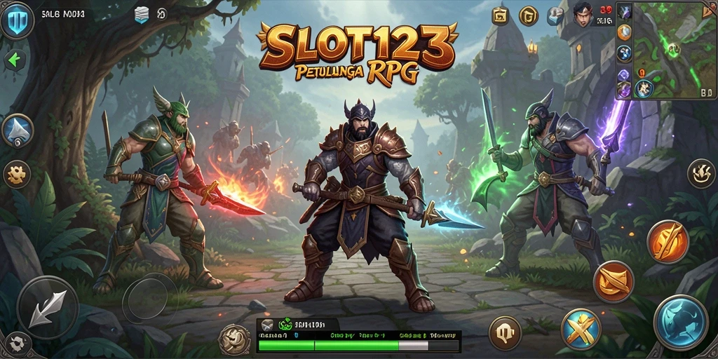 Tangkapan layar utama SLOT123 menampilkan pertarungan seru di dunia RPG.