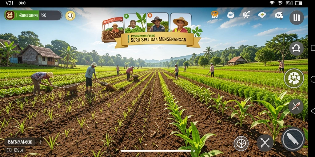 Screenshot V21 menampilkan ladang yang asri dan hewan yang beragam.